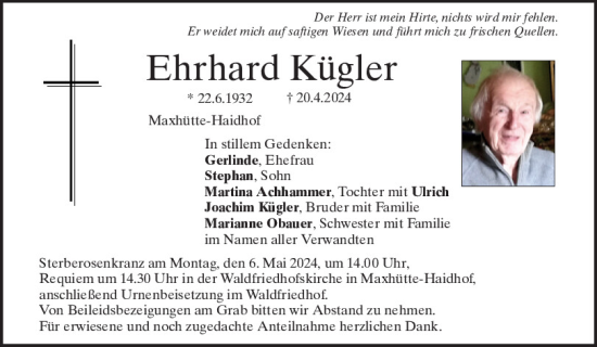 Traueranzeige von Ehrhard Kügler von Mittelbayerische Zeitung Schwandorf