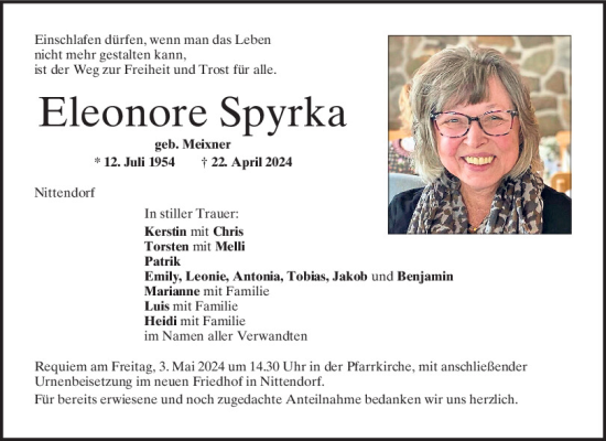 Traueranzeige von Eleonore Spyrka von Mittelbayerische Zeitung Regensburg