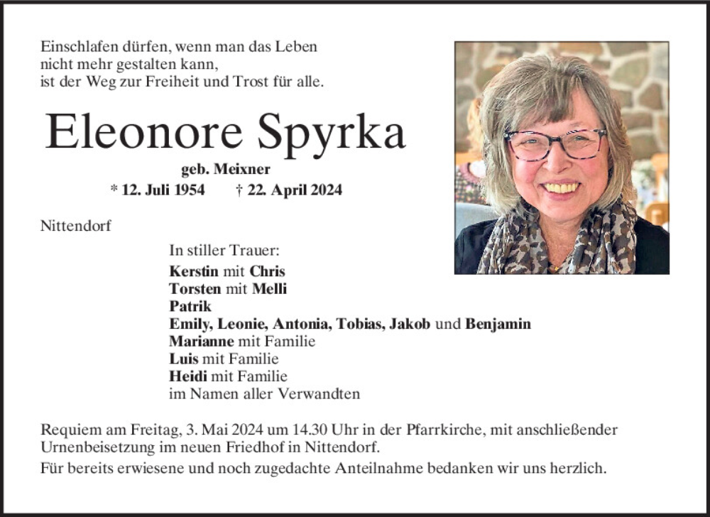  Traueranzeige für Eleonore Spyrka vom 27.04.2024 aus Mittelbayerische Zeitung Regensburg