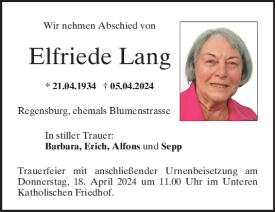 Traueranzeige von Elfriede Lang von Mittelbayerische Zeitung Regensburg