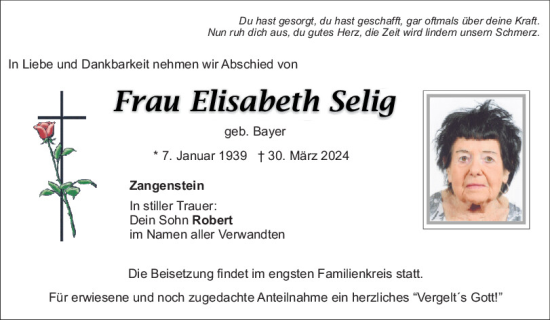 Traueranzeige von Elisabeth Selig von Mittelbayerische Zeitung Schwandorf