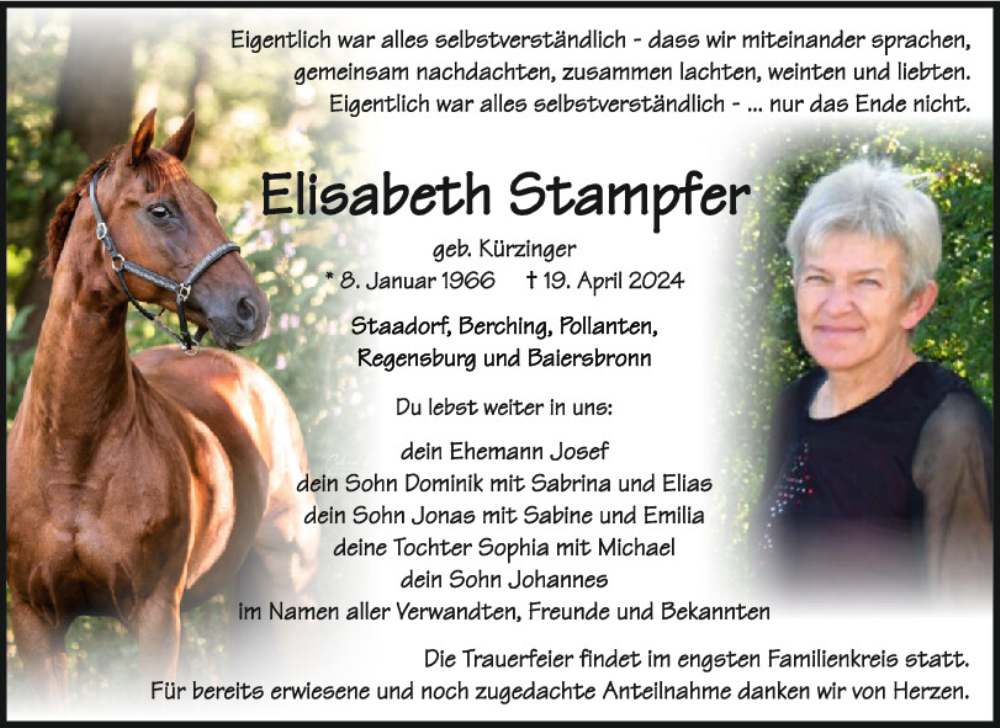  Traueranzeige für Elisabeth Stampfer vom 29.04.2024 aus Neumarkter Tagblatt