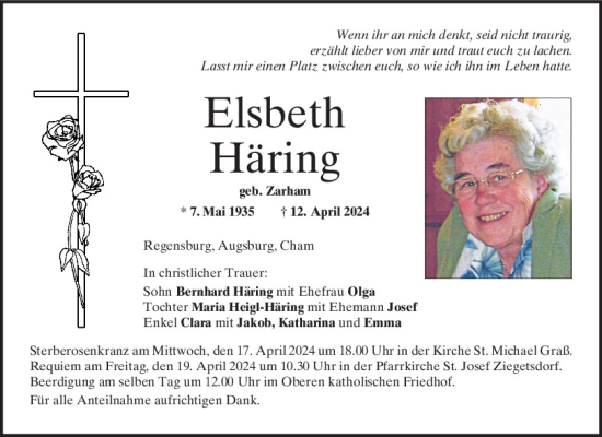Traueranzeige von Elsbeth Häring von Mittelbayerische Zeitung Regensburg
