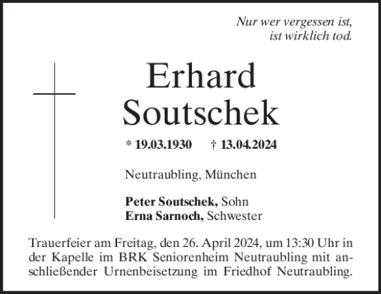 Traueranzeige von Erhard Soutschek von Mittelbayerische Zeitung Regensburg