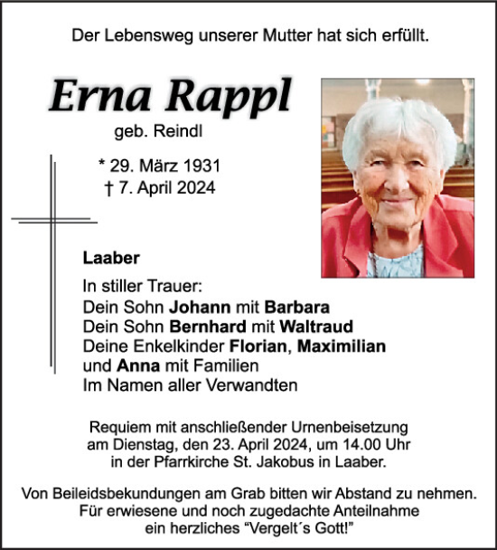 Traueranzeige von Erna Rappl von Mittelbayerische Zeitung Regensburg