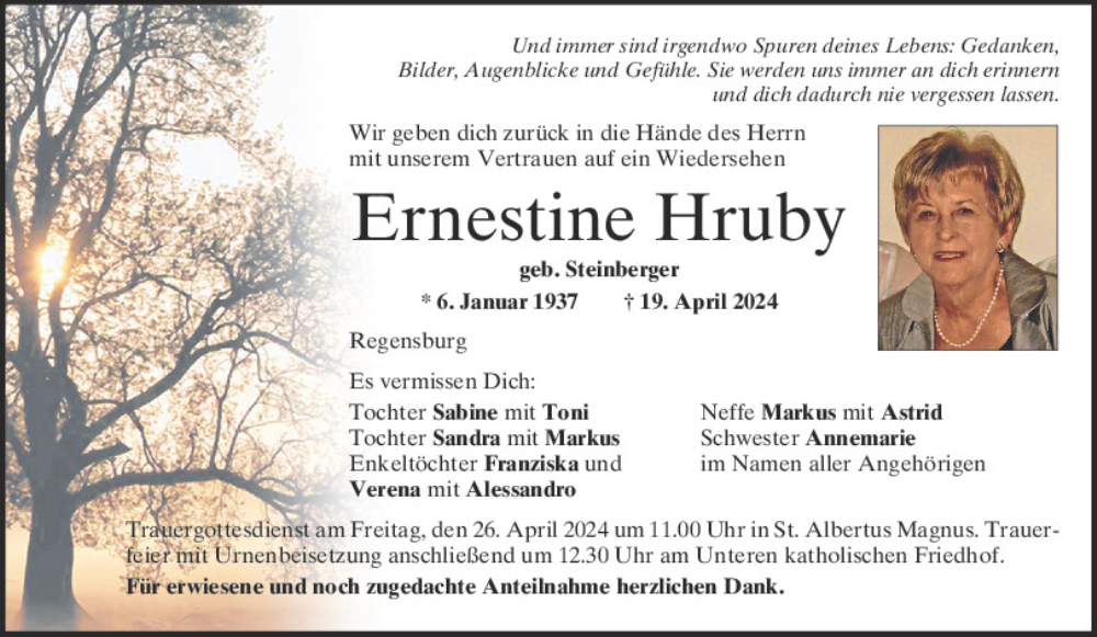  Traueranzeige für Ernestine Hruby vom 24.04.2024 aus Mittelbayerische Zeitung Regensburg