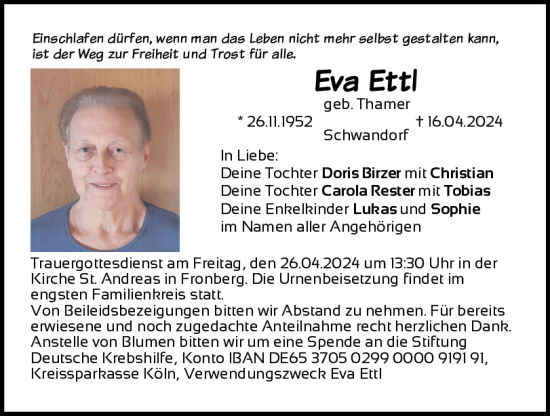 Traueranzeige von Eva Ettl von Mittelbayerische Zeitung Schwandorf