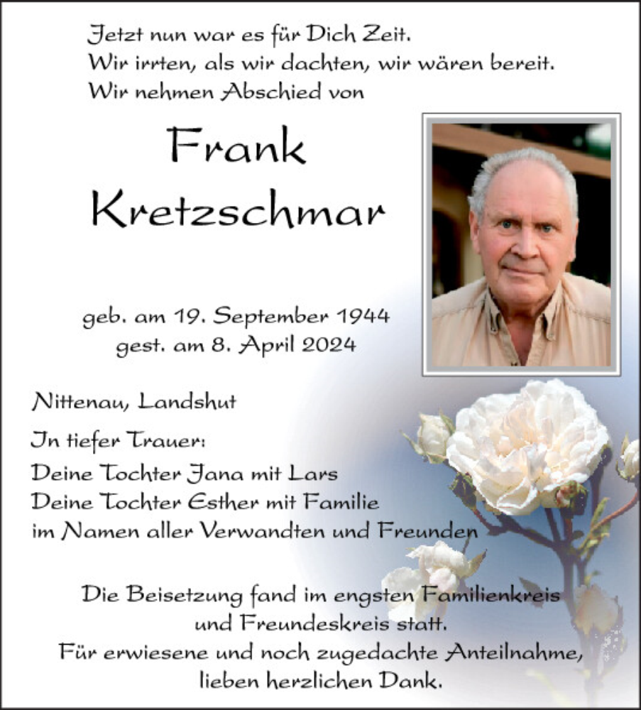  Traueranzeige für Frank Kretzschmar vom 20.04.2024 aus Mittelbayerische Zeitung Schwandorf