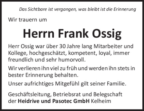Traueranzeige von Frank Ossig von Mittelbayerische Zeitung Kelheim