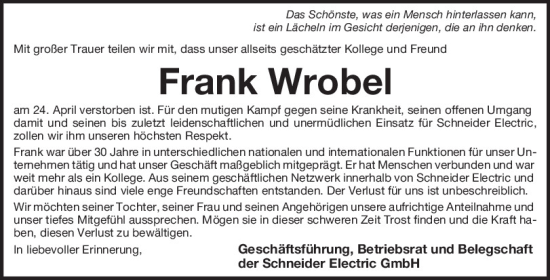 Traueranzeige von Frank Wrobel von Mittelbayerische Zeitung Regensburg