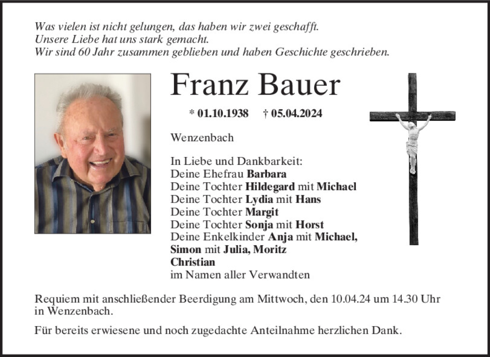  Traueranzeige für Franz Bauer vom 10.04.2024 aus Mittelbayerische Zeitung Regensburg
