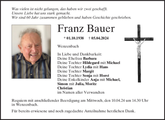 Traueranzeige von Franz Bauer von Mittelbayerische Zeitung Regensburg