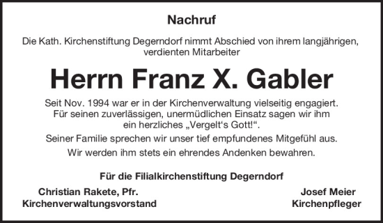 Traueranzeige von Franz  Gabler von Neumarkter Tagblatt