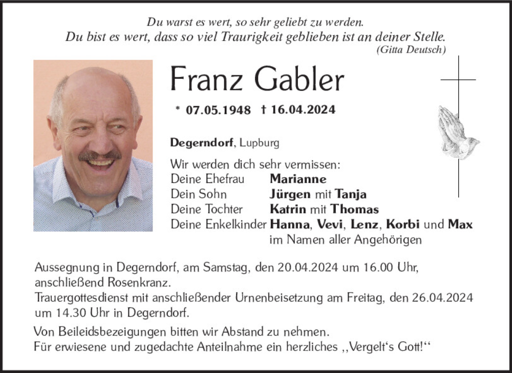  Traueranzeige für Franz Gabler vom 19.04.2024 aus Neumarkter Tagblatt