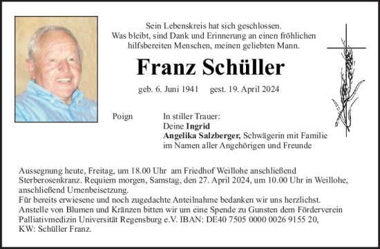 Traueranzeige von Franz Schüller von Mittelbayerische Zeitung Regensburg