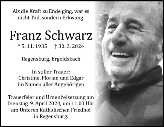 Traueranzeige von Franz Schwarz von Mittelbayerische Zeitung Regensburg