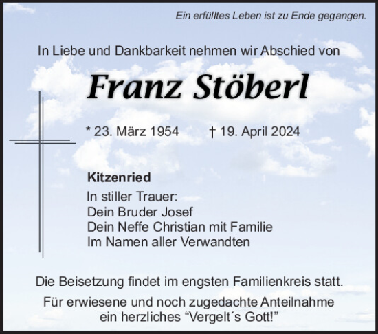 Traueranzeige von Franz Stöberl von Mittelbayerische Zeitung Schwandorf