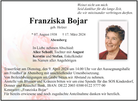 Traueranzeige von Franziska Bojar von Mittelbayerische Zeitung Kelheim