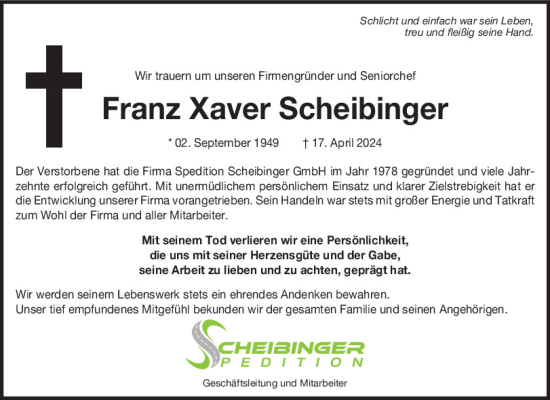 Traueranzeige von Franz Xaver Scheibinger von Mittelbayerische Zeitung Regensburg