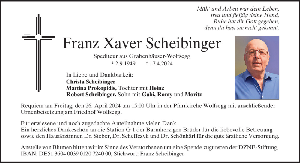  Traueranzeige für Franz Xaver Scheibinger vom 20.04.2024 aus Mittelbayerische Zeitung Regensburg