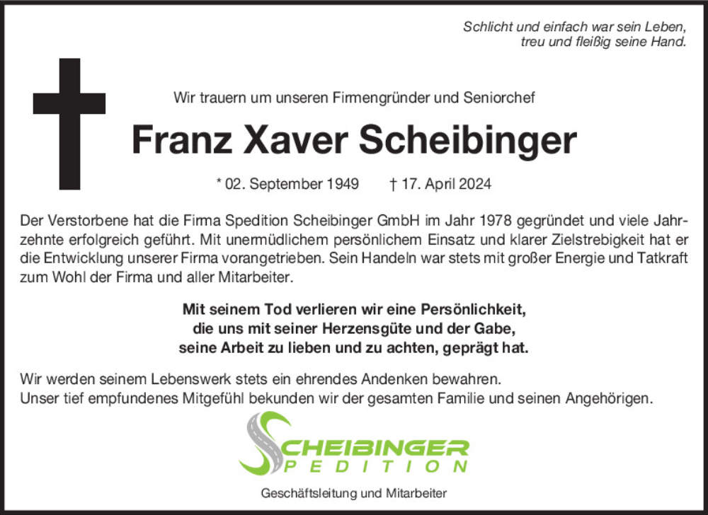  Traueranzeige für Franz Xaver Scheibinger vom 20.04.2024 aus Mittelbayerische Zeitung Regensburg
