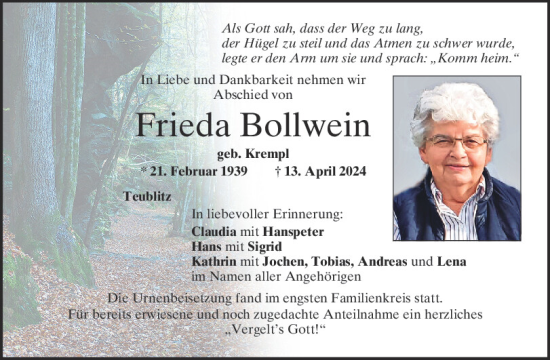 Traueranzeige von Frieda Bollwein von Mittelbayerische Zeitung Schwandorf