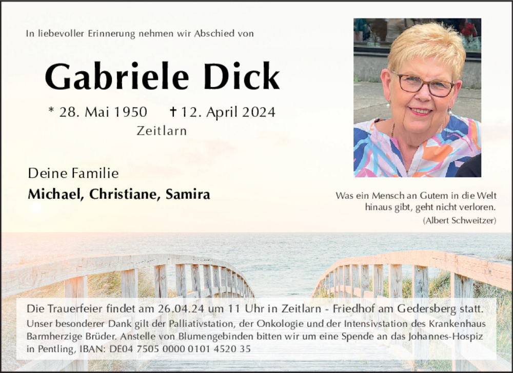  Traueranzeige für Gabriele Dick vom 20.04.2024 aus Mittelbayerische Zeitung Regensburg