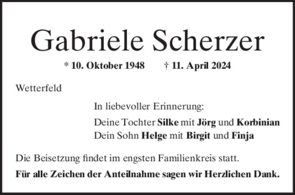  Traueranzeige für Gabriele Scherzer vom 24.04.2024 aus Bayerwald Echo