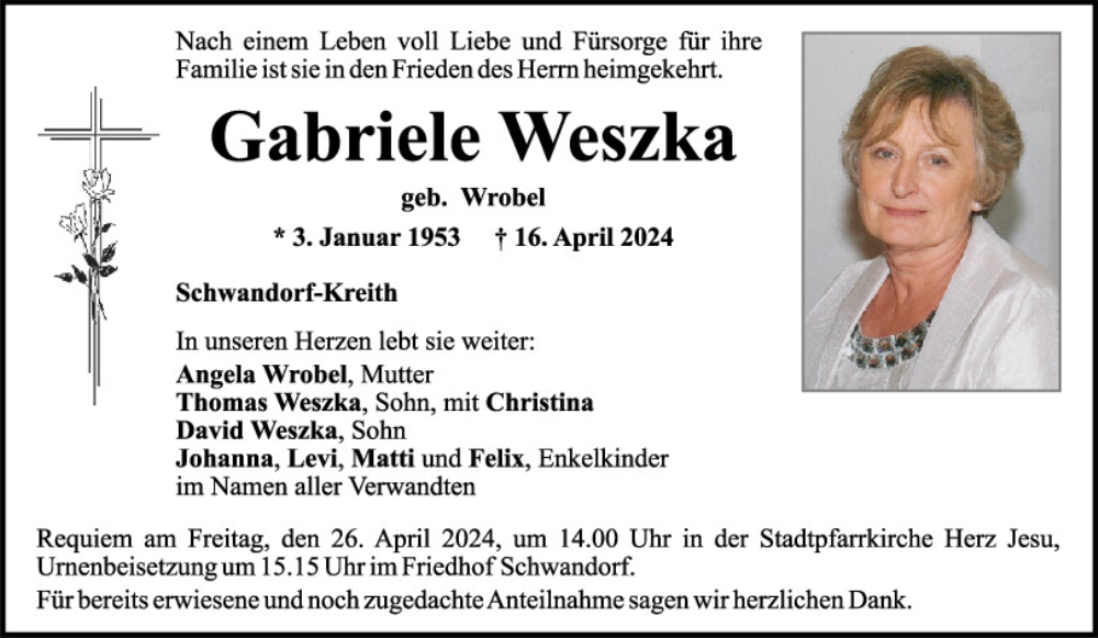  Traueranzeige für Gabriele Weszka vom 20.04.2024 aus Mittelbayerische Zeitung Schwandorf