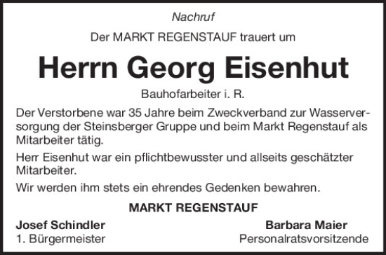 Traueranzeige von Georg Eisenhut von Mittelbayerische Zeitung Regensburg