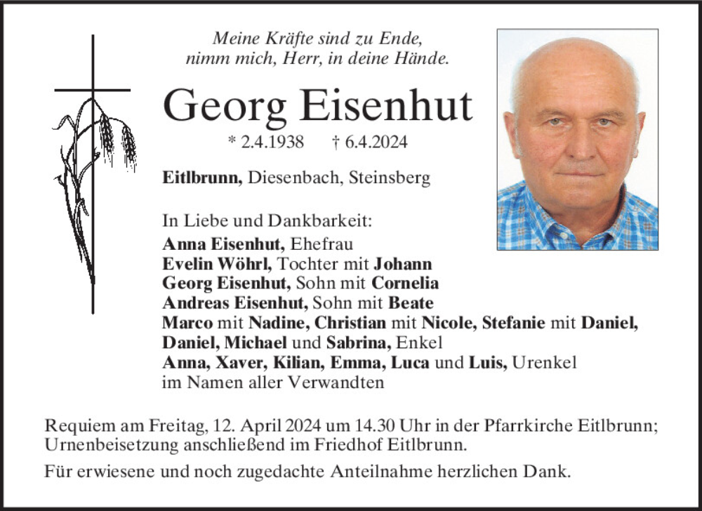  Traueranzeige für Georg Eisenhut vom 10.04.2024 aus Mittelbayerische Zeitung Regensburg