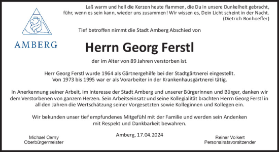 Traueranzeige von Georg Ferstl von Mittelbayerische Zeitung Schwandorf