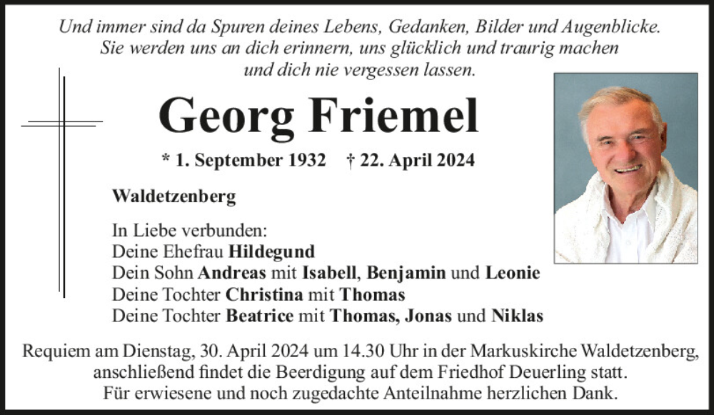  Traueranzeige für Georg Friemel vom 27.04.2024 aus Mittelbayerische Zeitung Regensburg