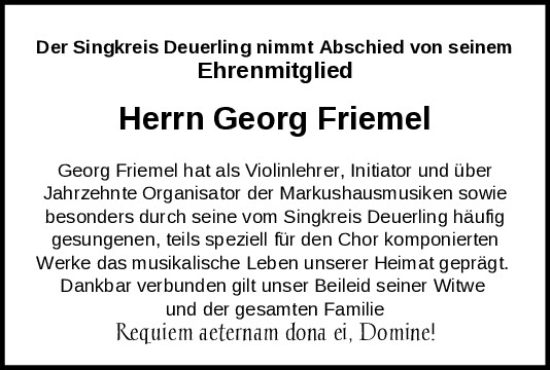 Traueranzeige von Georg Friemel von Mittelbayerische Zeitung Regensburg