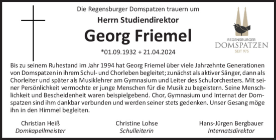 Traueranzeige von Georg Friemel von Mittelbayerische Zeitung Regensburg