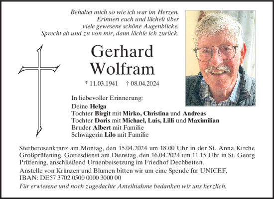 Traueranzeige von Gerhard Wolfram von Mittelbayerische Zeitung Regensburg
