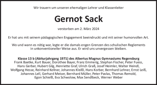 Traueranzeige von Gernot Sack von Mittelbayerische Zeitung Regensburg