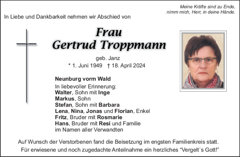  Traueranzeige für Gertrud Troppmann vom 30.04.2024 aus Mittelbayerische Zeitung Schwandorf
