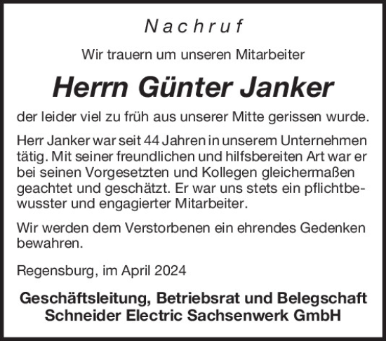 Traueranzeige von Günter Janker von Mittelbayerische Zeitung Regensburg
