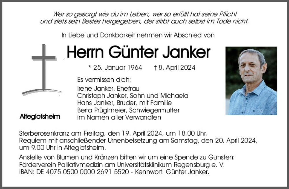  Traueranzeige für Günter Janker vom 18.04.2024 aus Mittelbayerische Zeitung Regensburg