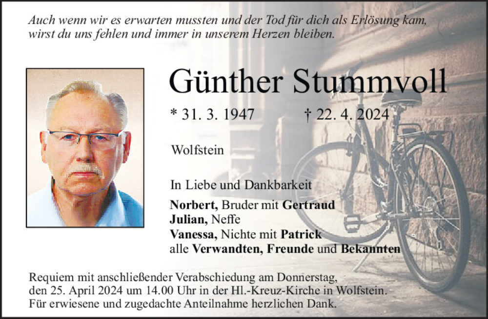  Traueranzeige für Günther Stummvoll vom 24.04.2024 aus Neumarkter Tagblatt