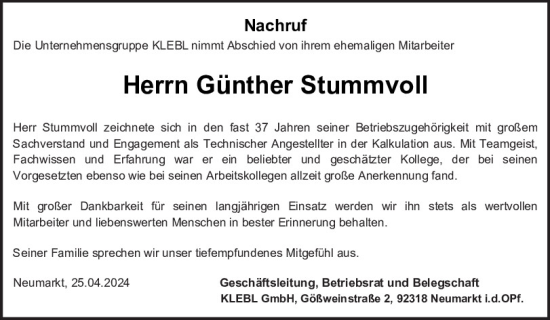 Traueranzeige von Günther Stummvoll von Neumarkter Tagblatt