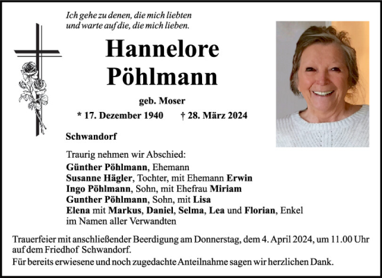 Traueranzeige von Hannelore Pöhlmann von Mittelbayerische Zeitung Schwandorf