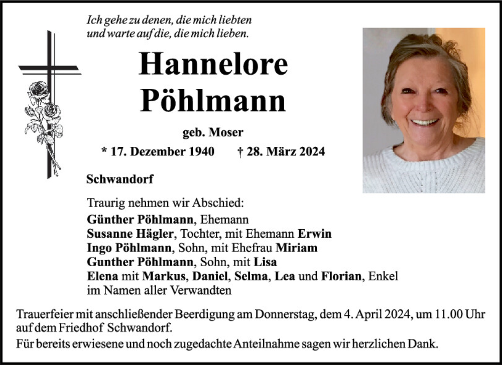  Traueranzeige für Hannelore Pöhlmann vom 02.04.2024 aus Mittelbayerische Zeitung Schwandorf