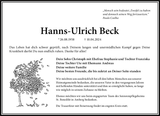 Traueranzeige von Hanns-Ulrich Beck von Mittelbayerische Zeitung Regensburg