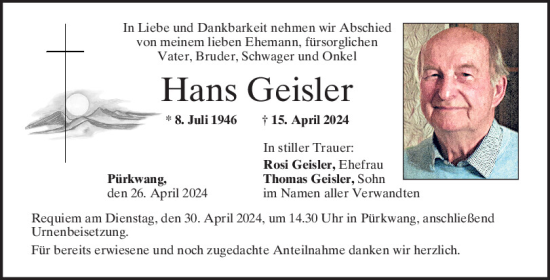 Traueranzeige von Hans Geisler von Mittelbayerische Zeitung Kelheim