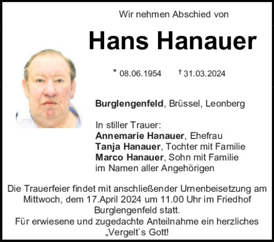 Traueranzeige von Hans Hanauer von Mittelbayerische Zeitung Schwandorf