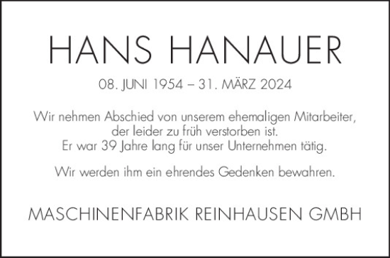 Traueranzeige von Hans Hanauer von Mittelbayerische Zeitung Regensburg