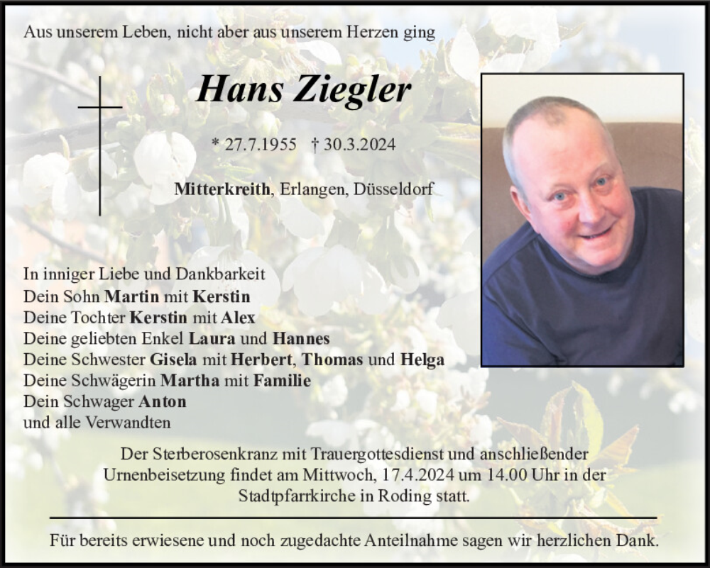  Traueranzeige für Hans Ziegler vom 04.04.2024 aus Bayerwald Echo