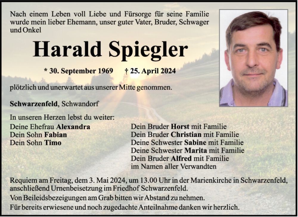  Traueranzeige für Harald Spiegler vom 30.04.2024 aus Mittelbayerische Zeitung Schwandorf